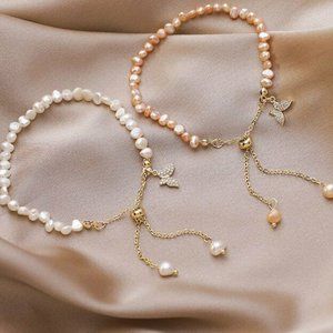 14K Gold Butterfly Irregular Pearl Adjustable Bracelet Bangle